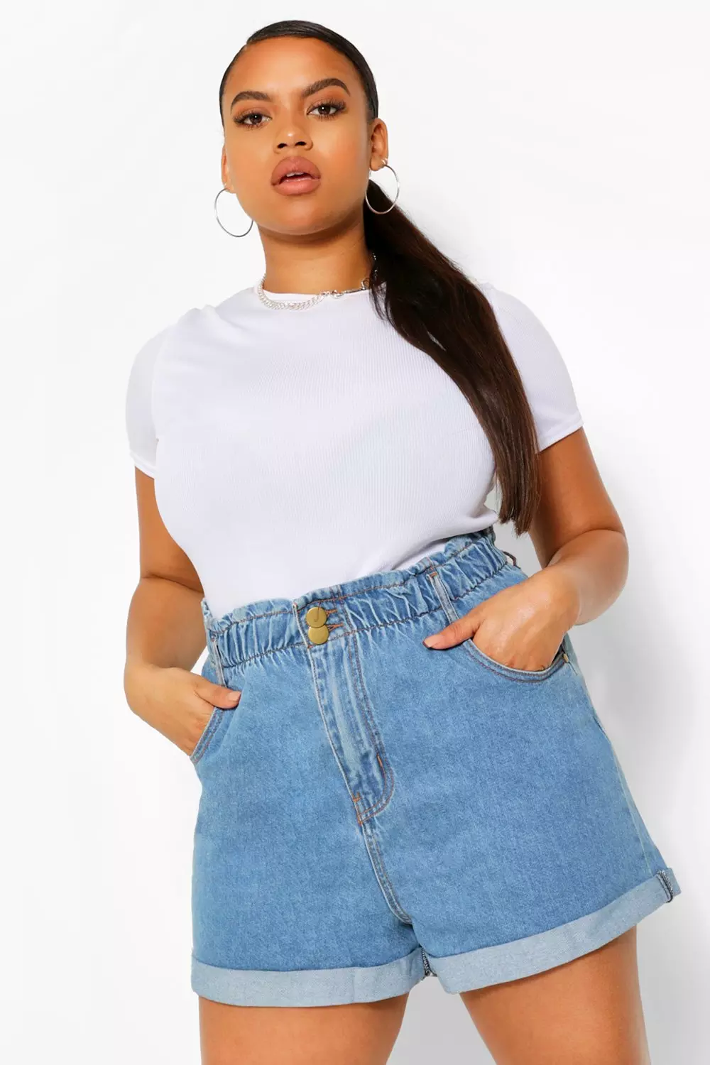 Plus size hot sale paperbag denim shorts